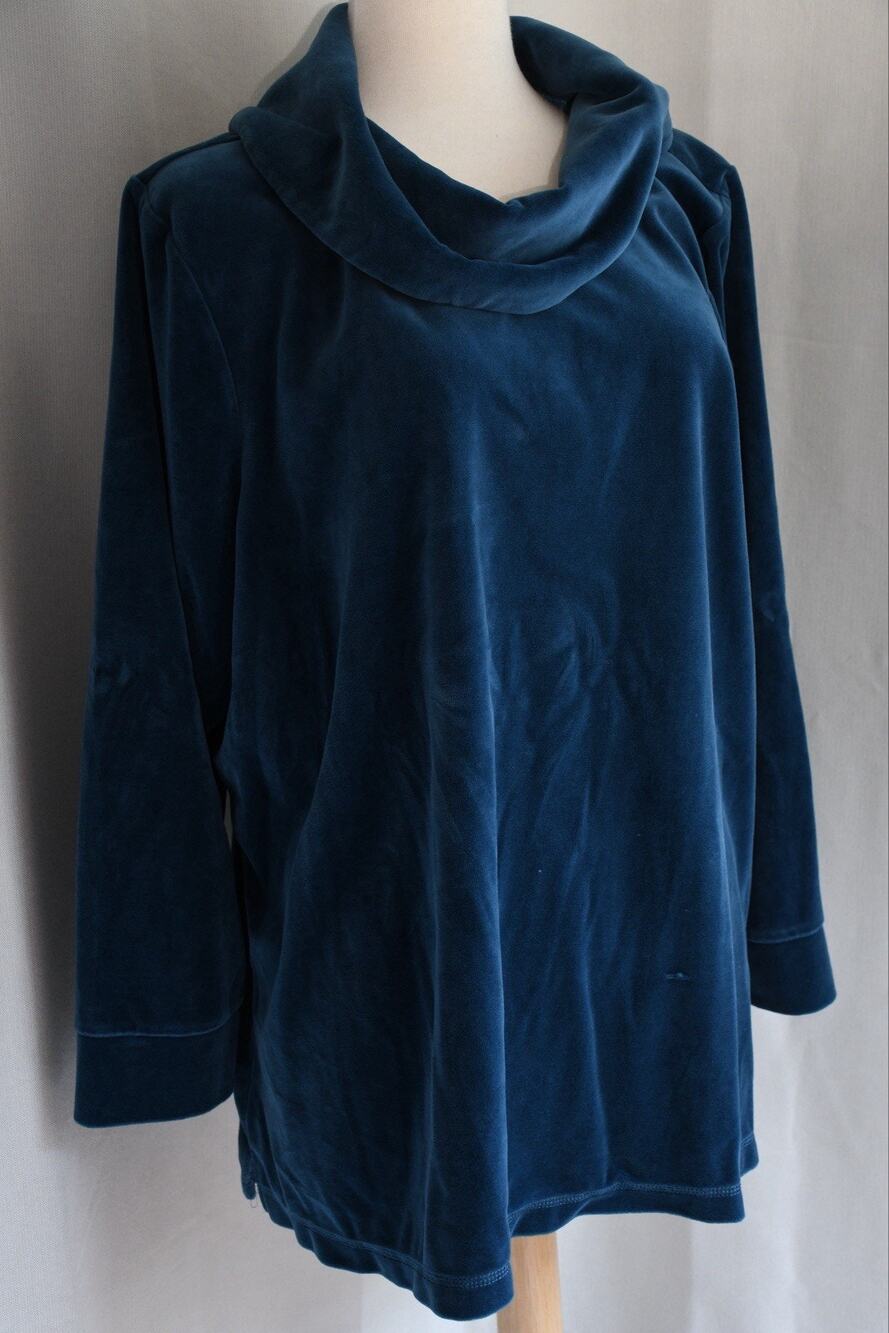 Denim And Company Blue Velvet Long Sleeve Mock Neck Cotton Shirt Size 2X